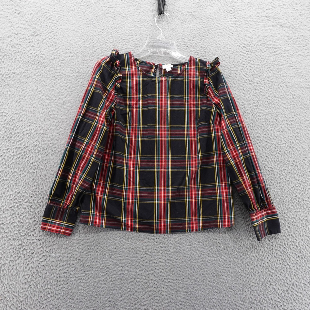 J Crew Plaid Ruffle Shoulder Blouse Small Black‎ Red Yellow Women Long Sleeve